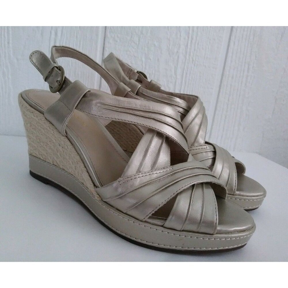 Liz Claiborne Jenson Gold Open Toe Slingback Espadrilles Wedge Heel Sandal 6.5 M